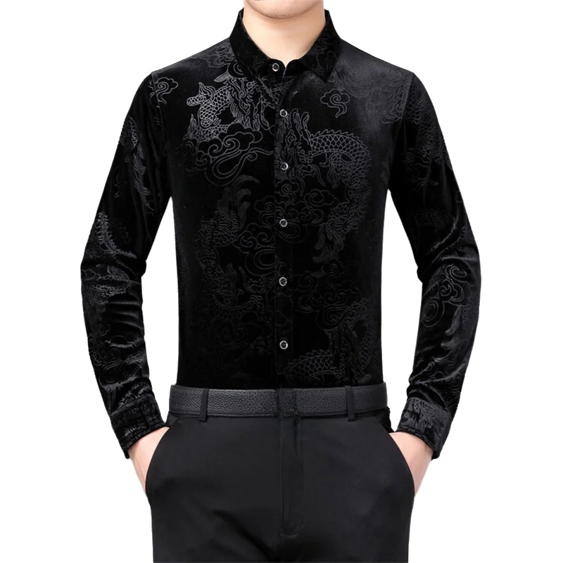 Men Formal Party Wear Shirt - 남성용 긴소매 셔츠 중국 용 문양