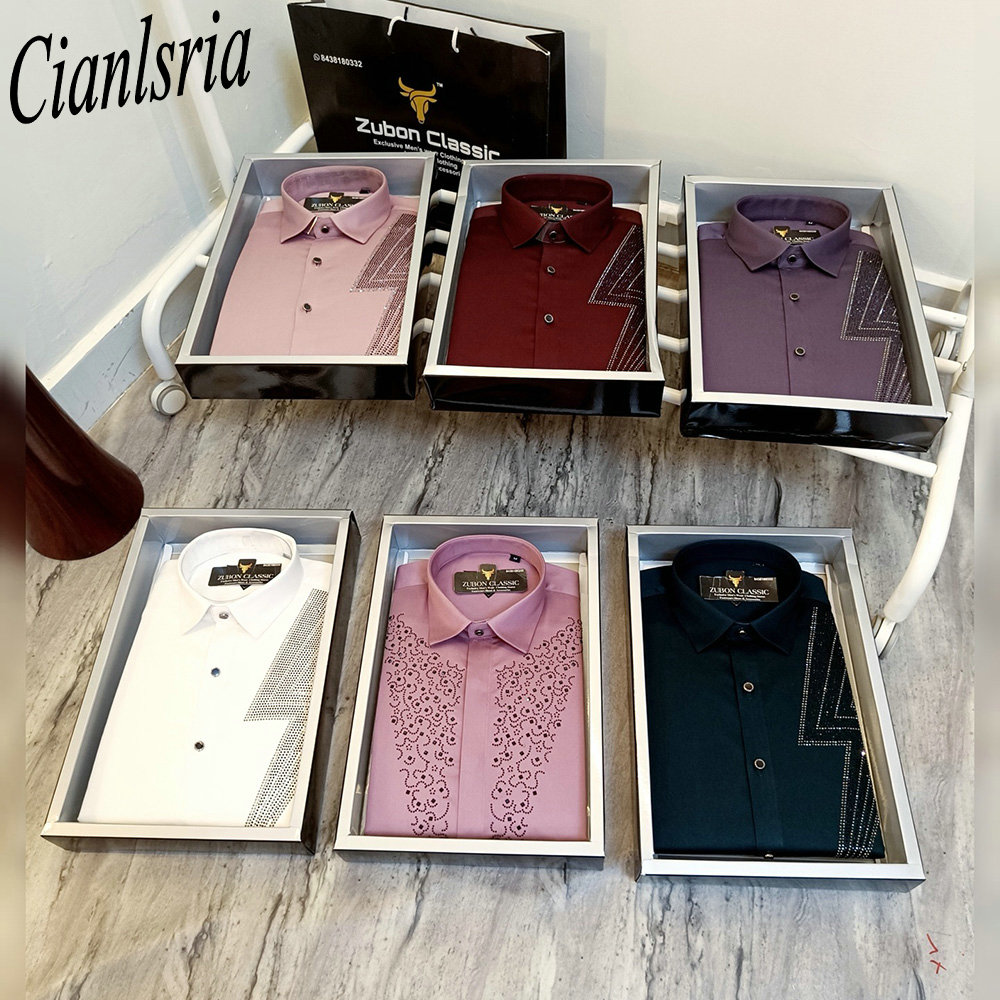 Men Formal Party Wear Shirt - 남성용 럭셔리 원사이드 기하학적 V 라인스톤