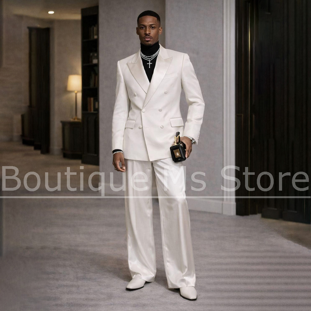 Formal Wear For Men In Wedding - 남성용 화이트 새틴 수트 2피스 더블