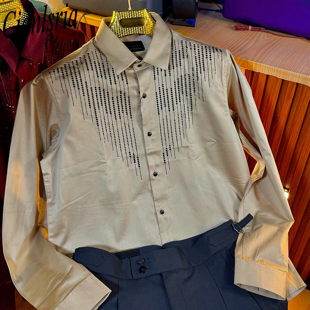 Men Formal Party Wear Shirt - 남성용 럭셔리 세로형 라인스톤 긴팔 셔츠