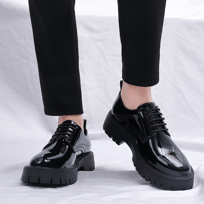 Men Formal Wear All Black - 남성용 블랙 에나멜 가죽 레이스업 청키