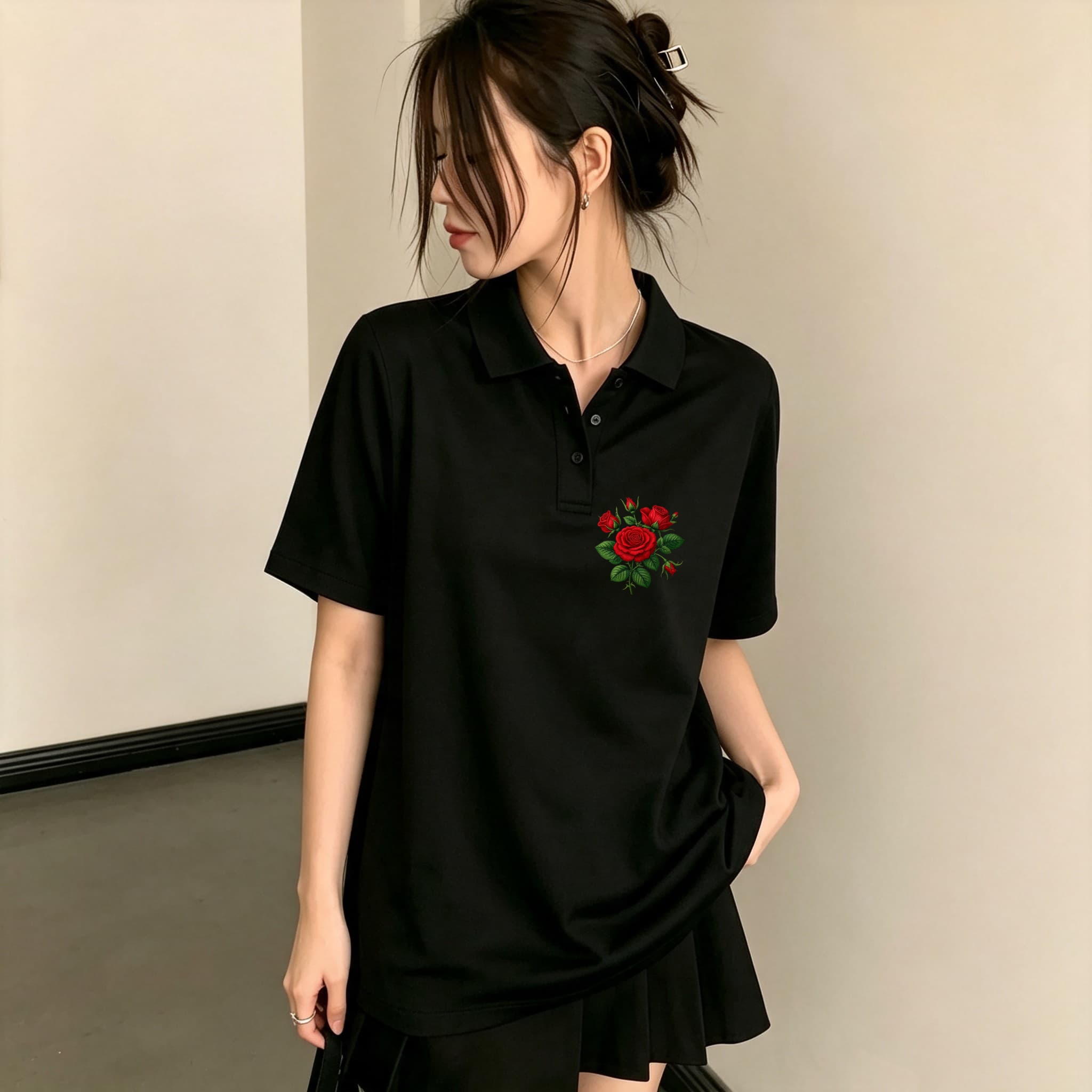 Men Formal Wear All Black - 여아용 올매치 캐주얼 블랙 폴로 블라우스,