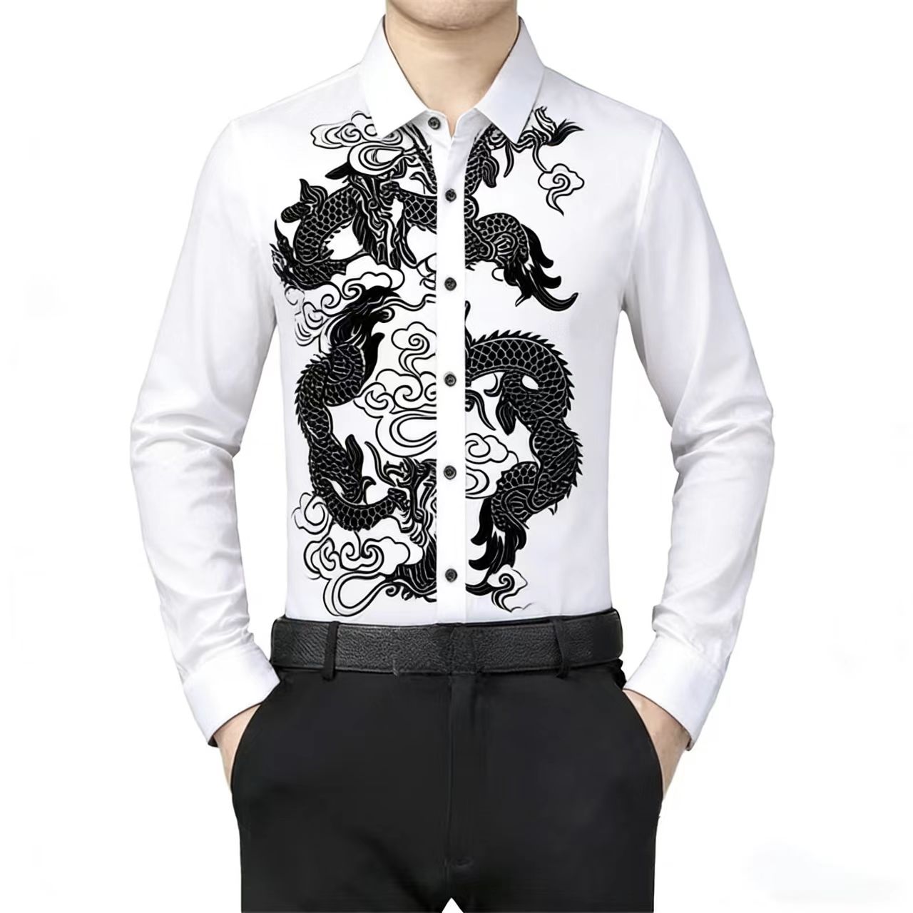 남성용 긴소매 셔츠 중국 용 문양 전통 동양 스타일 캐 - Men Formal Party Wear Shirt 리뷰 및 가격