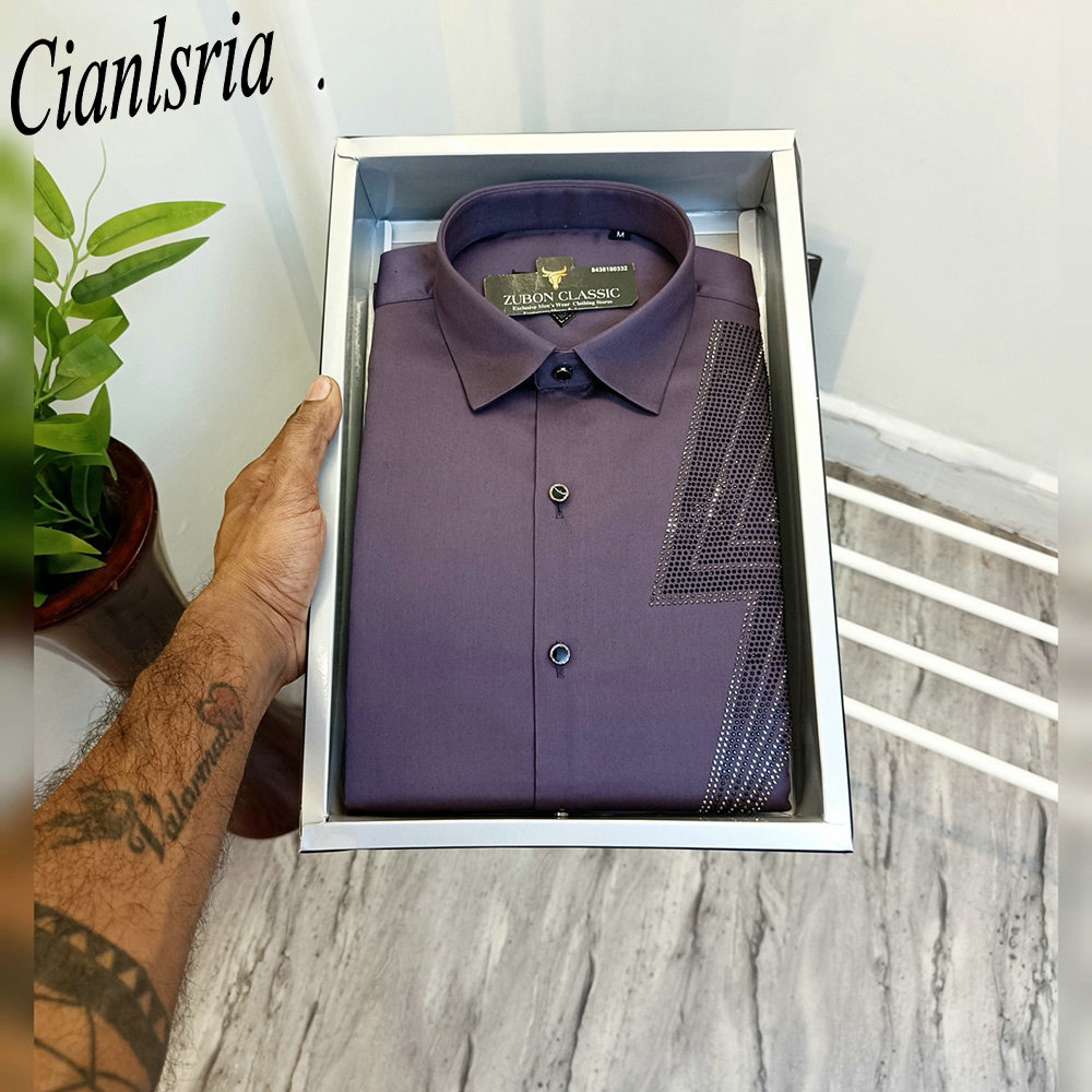남성용 럭셔리 원사이드 기하학적 V 라인스톤 긴팔 드레 - Men Formal Party Wear Shirt 리뷰 및 가격