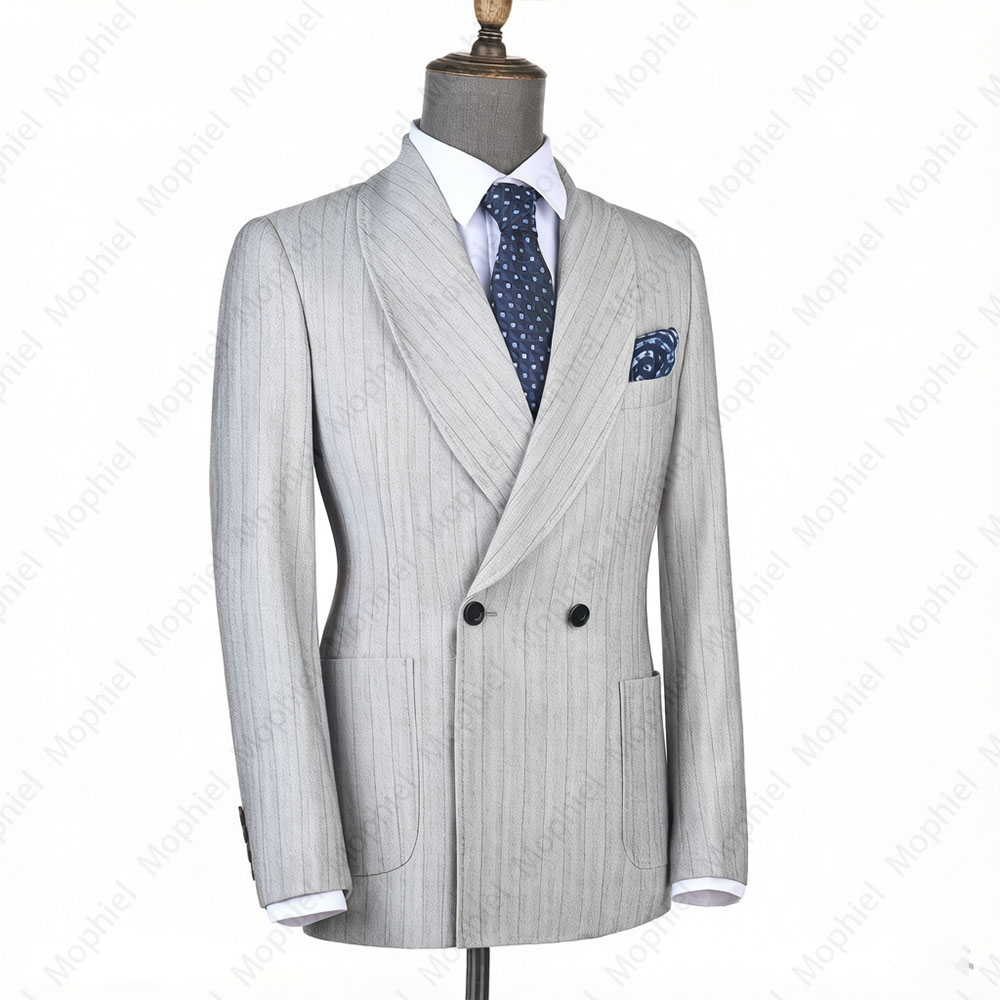 모피엘 라이트 그레이 남성 정장 스트라이프 더블 브레스 - Formal Wear For Men In Wedding 리뷰 및 가격