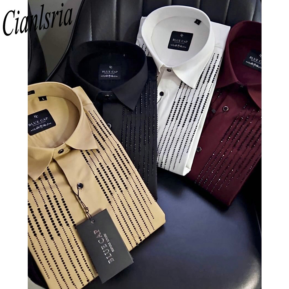 남성용 럭셔리 세로형 라인스톤 긴팔 셔츠 라펠 칼라 버 - Men Formal Party Wear Shirt 리뷰 및 가격