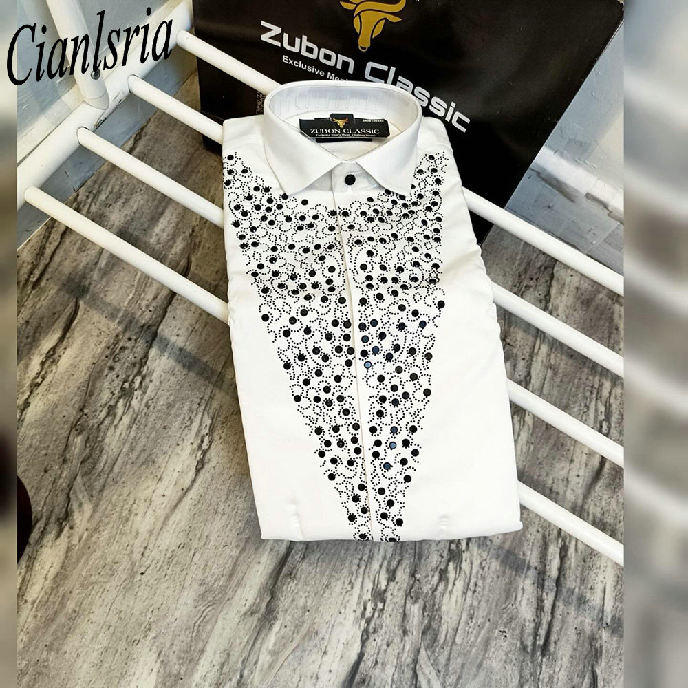 남성용 V자형 풀 라인스톤 긴팔 드레스 셔츠, 포멀 턴 - Men Formal Party Wear Shirt 리뷰 및 가격