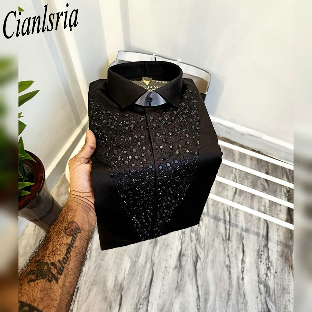 남성용 V자형 풀 라인스톤 긴팔 드레스 셔츠, 포멀 턴 - Men Formal Party Wear Shirt 리뷰 및 가격